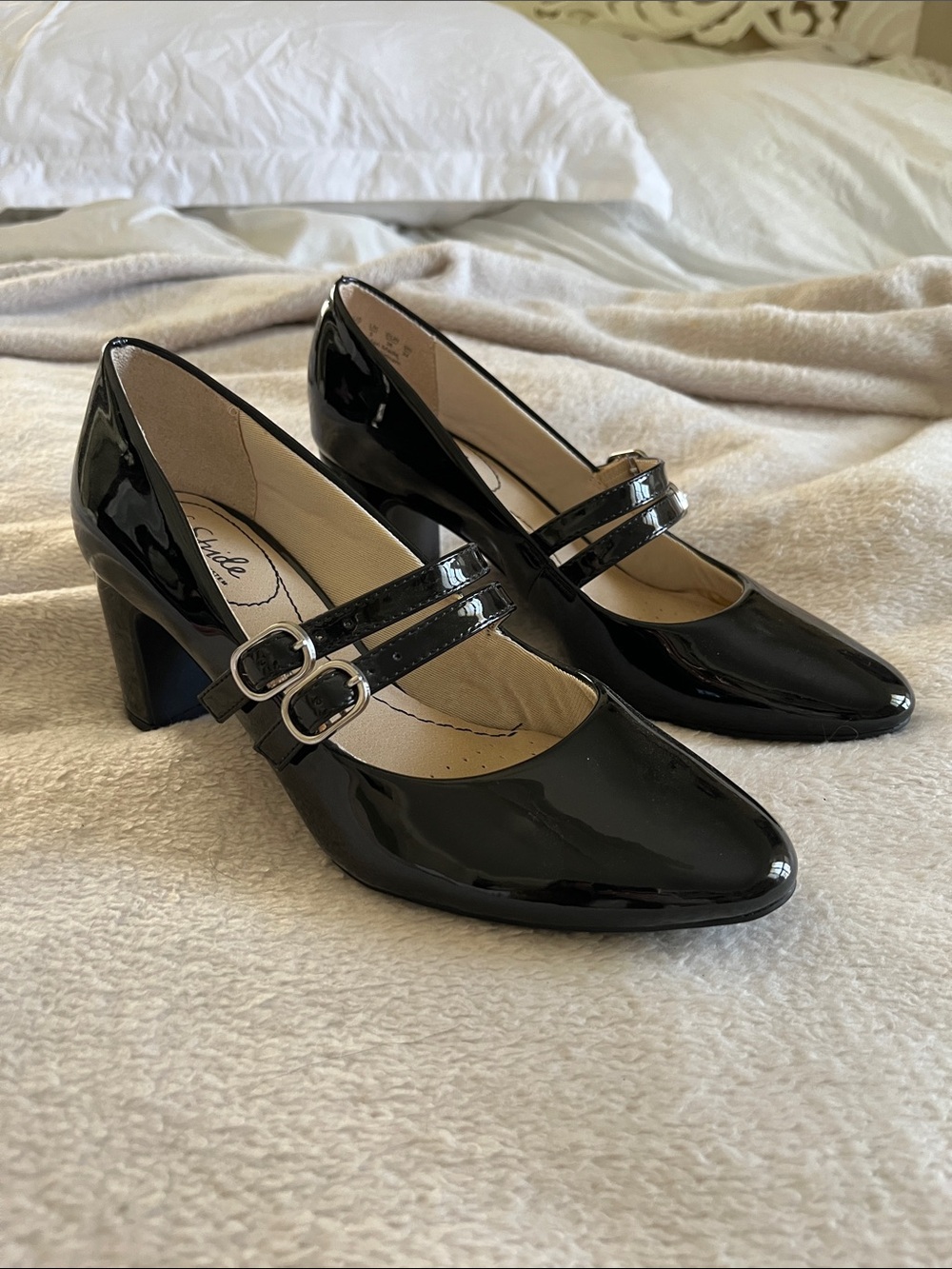 Black Patent Double-Strap Mary Jane Heels - Women